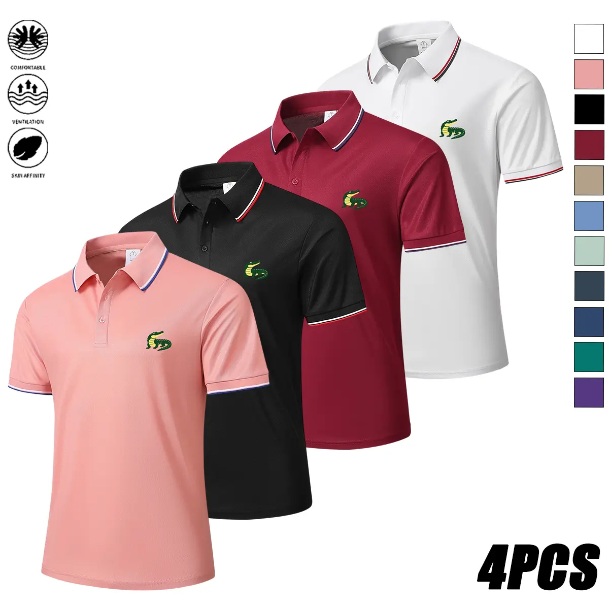Men's Polo Shirts, 4-Pack Solid Fitted Short-Sleeve Tops with Cuffed Sleeves for Casual Golf & Travel, Button, Basic