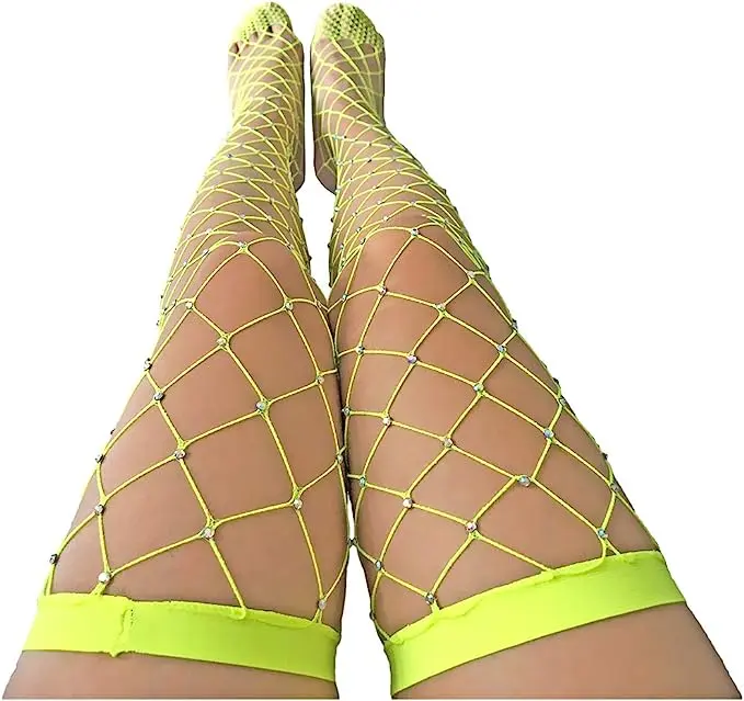 Yellow Sexy Rhinestone Fishnet Knee High Socks