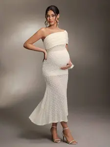 BELLAdresses Maternity Photography Dress, One-Shoulder Ruched Fishtail Design, Jacquard Fabric, Elegant