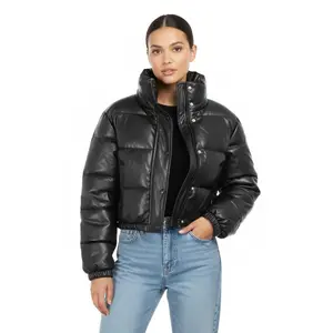 High Level Women's Minimalist Basic Soft Faux Vegan Leather Cropped Puffer Jacket - High Neck Long Sleeves, Zipper, Elastic Button, Pockets, Winter Outerwear Tops, Mocha