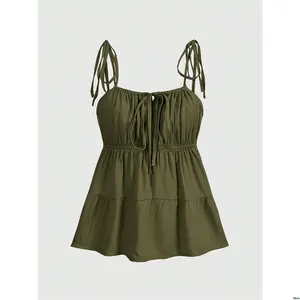 Hem Ruched Tie Color Solid Women Kawaii ROMWE s Summer Front Ruffle Babydoll Cami Top