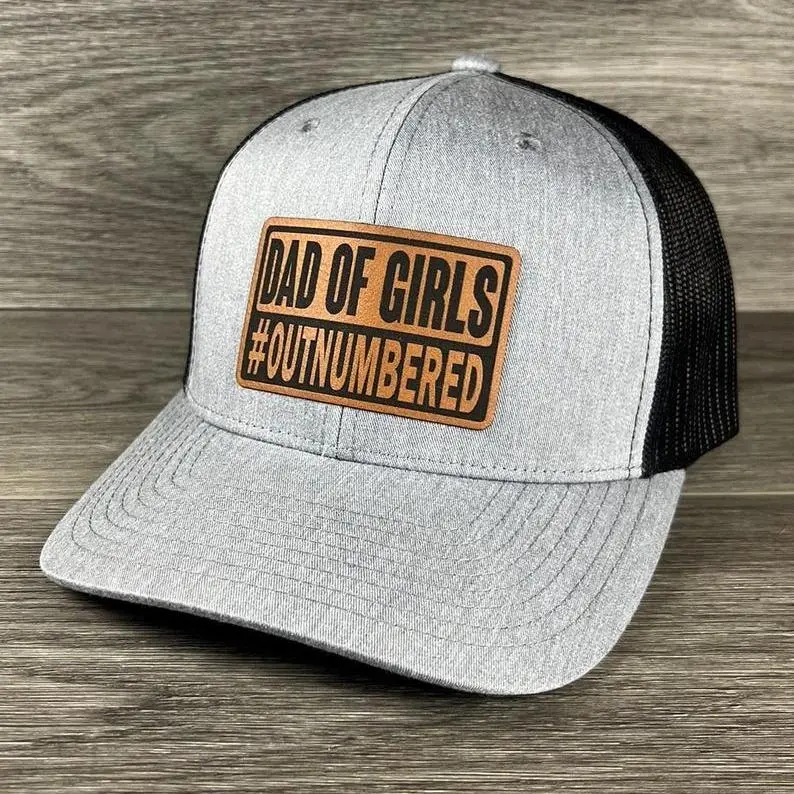 Dad of Girls Leather Patch Hat, Outnumbered Trucker Cap, Personalized Father Gift, Girl Dad Snapback, Custom Parent Accessory, Unique Headwear Design