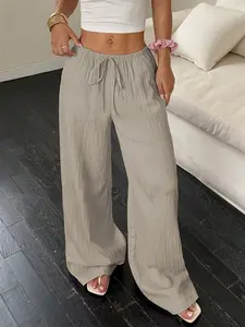 Women's Elegant Lightweight Breathable Elastic Waist Pants with Pockets, Plain Straight Leg Loose Fit Casual Long Trousers for All Seasons