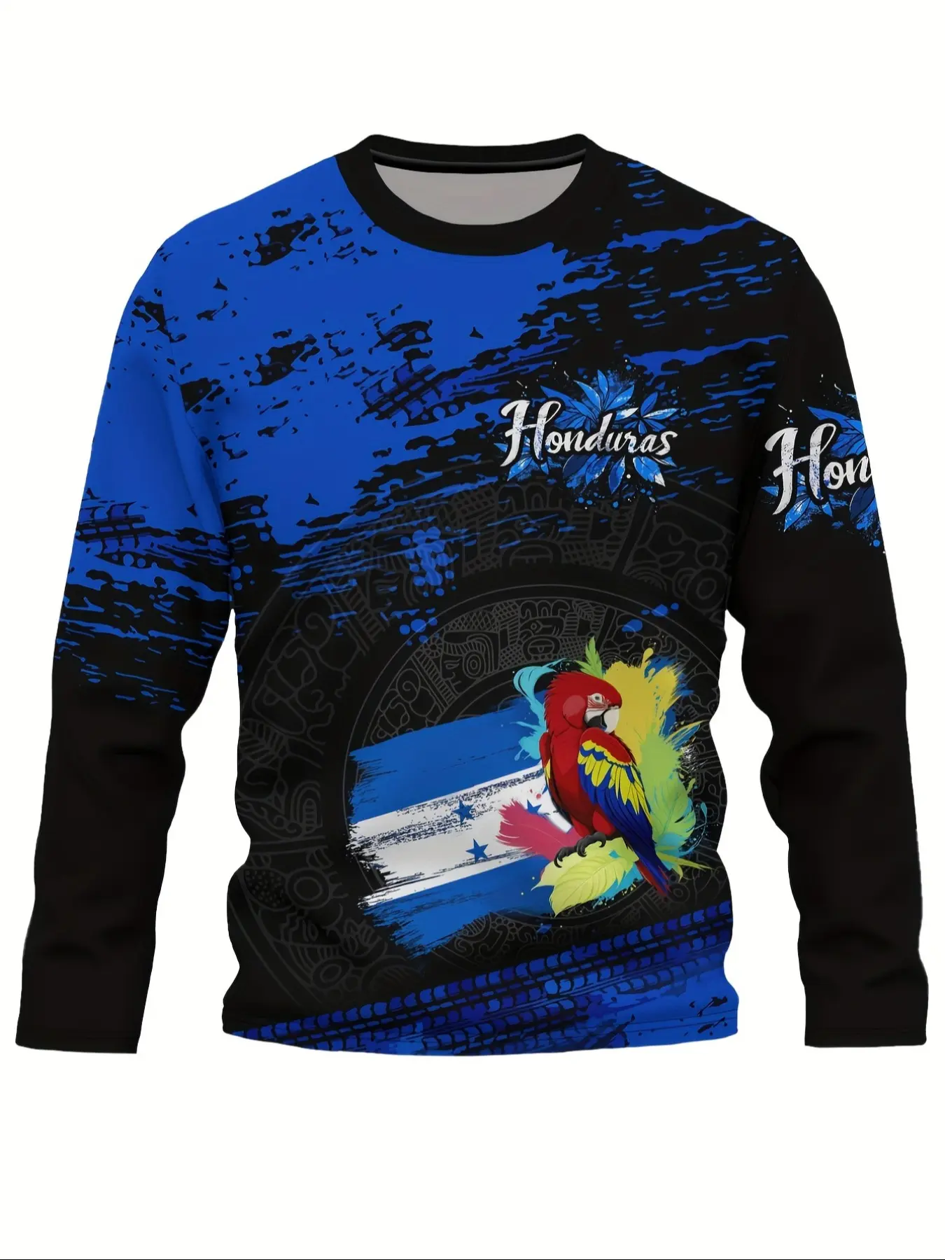 Men's El Salvador Flag Theme Football Jersey, Round Neck Long Sleeve T-Shirt, Sporty Style Fitted Top for All Seasons, Athletic Top