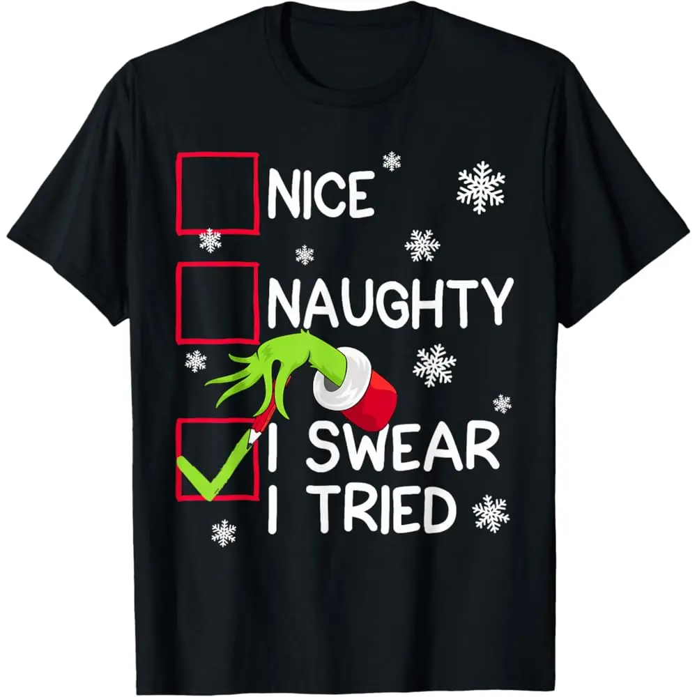Naughty Christmas T-Shirt with "I Swear I Tried" Graphic Print, Unisex Groovy Holiday Casual Top, Made in USA