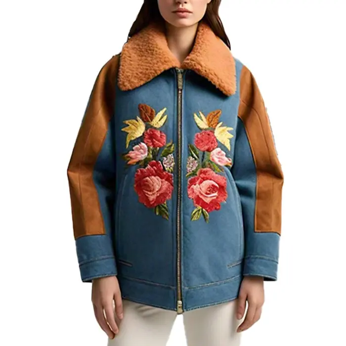 Desigual Women’s Glasgow Embroidered Denim Flight Jacket Stylish Casual Outerwear