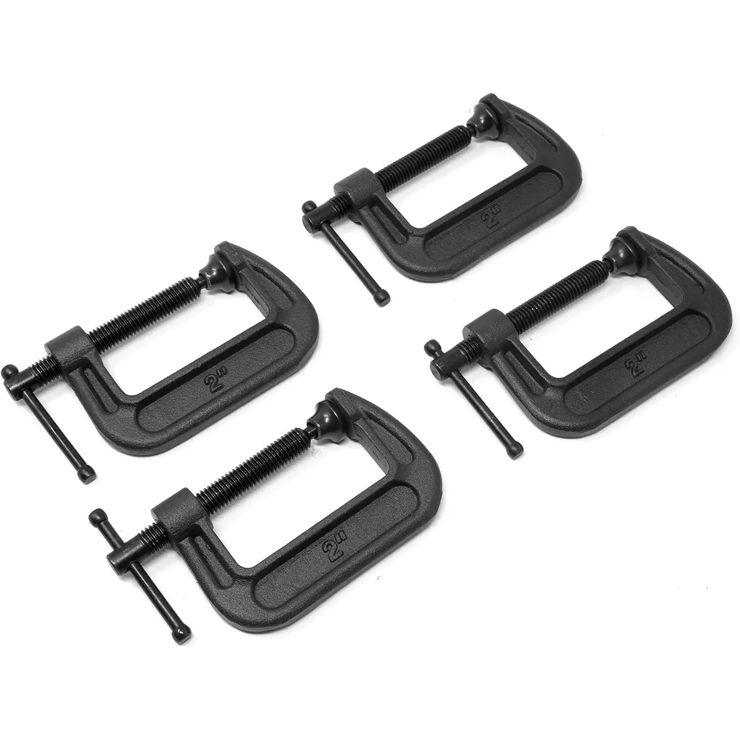 Heavy-Duty Cast Iron C-Clamps (4 Pack) - Black-Oxidized & Smooth Finish, 2-Inch Jaw Opening, 1.2-Inch Throat, Low-Resistance Threaded Screw, Swivel Pad, 4.25x2.4x0.75 In Dimensions, Ideal for Metalworkers