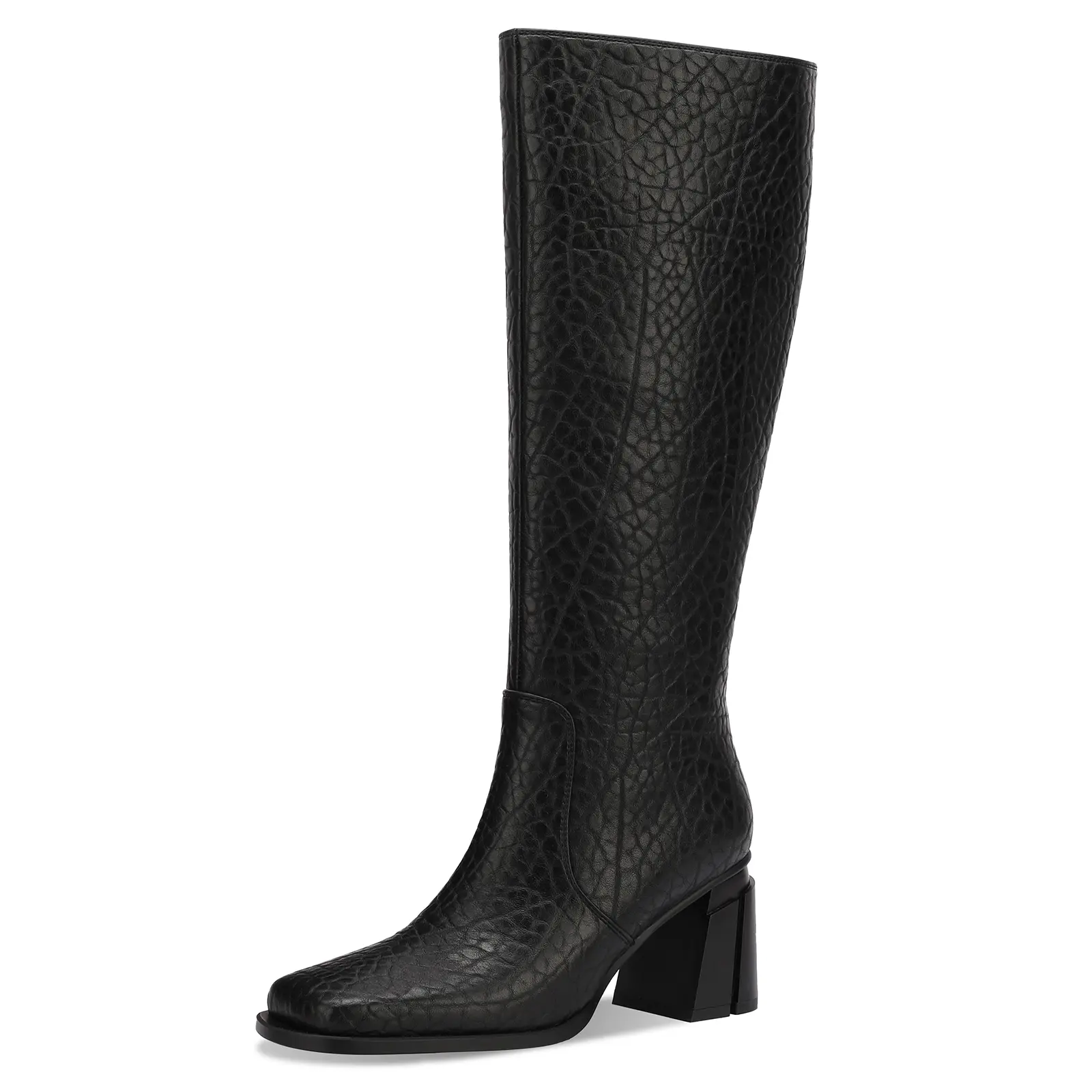 TDD Women's Faux Leather Knee-High High-Heel Boots - Square Toe, Chunky Block Heels, Luxe Look Style 824 for Fall Winter Dresses, Casual Wear, Faux Leather, Luxe Look, Footwear, Fashion