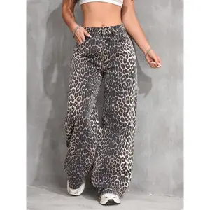 Women’s leopard-print denim high-waisted loose flared pants, casual streetwear for parties and vacations, slim-fit long regular style, zipper, pockets