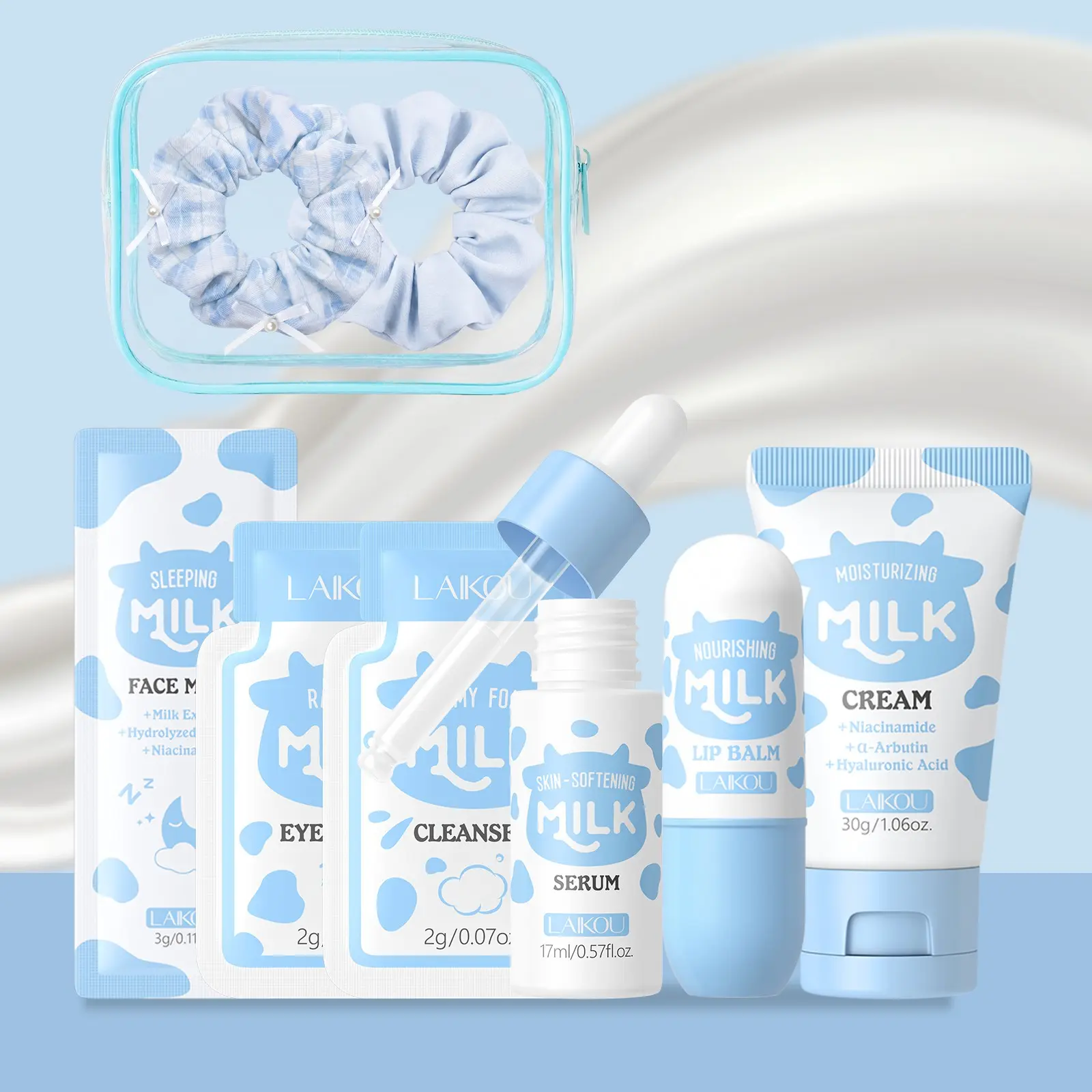 LAIKOU Budget-Friendly Milk Skincare Trial Kit - Skin Softener Set - 8Pcs Affordable Mini Face Care Routine Set for Students & Teens - Includes Serum, Cream, Eye Cream, Lip Balm & Mask Packets with Small Blue Pouch & Scrunchie Hydration Care Set