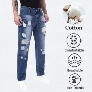 Men's Ripped Patchwork Straight Leg Jeans, Cotton Comfortable Denim PantsIdeal for daily casual, streetwear, weekend outings, and fashion-forward looks