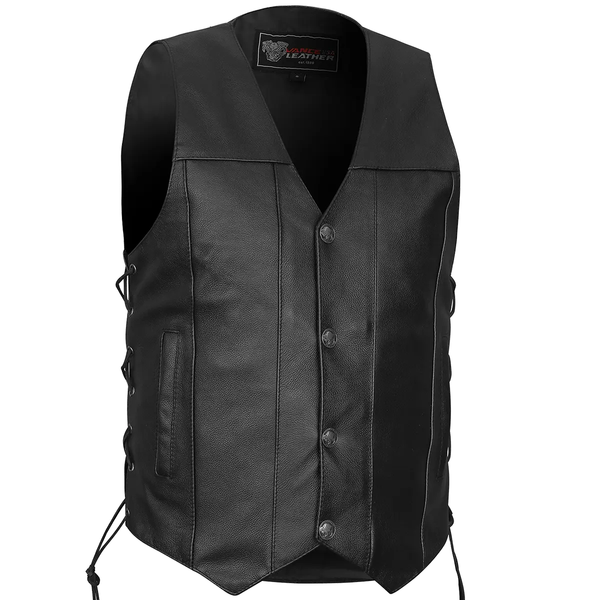 Men's Leather Biker Motorcycle Vest with Buffalo Nickel Snaps and Dual Interior Pocket