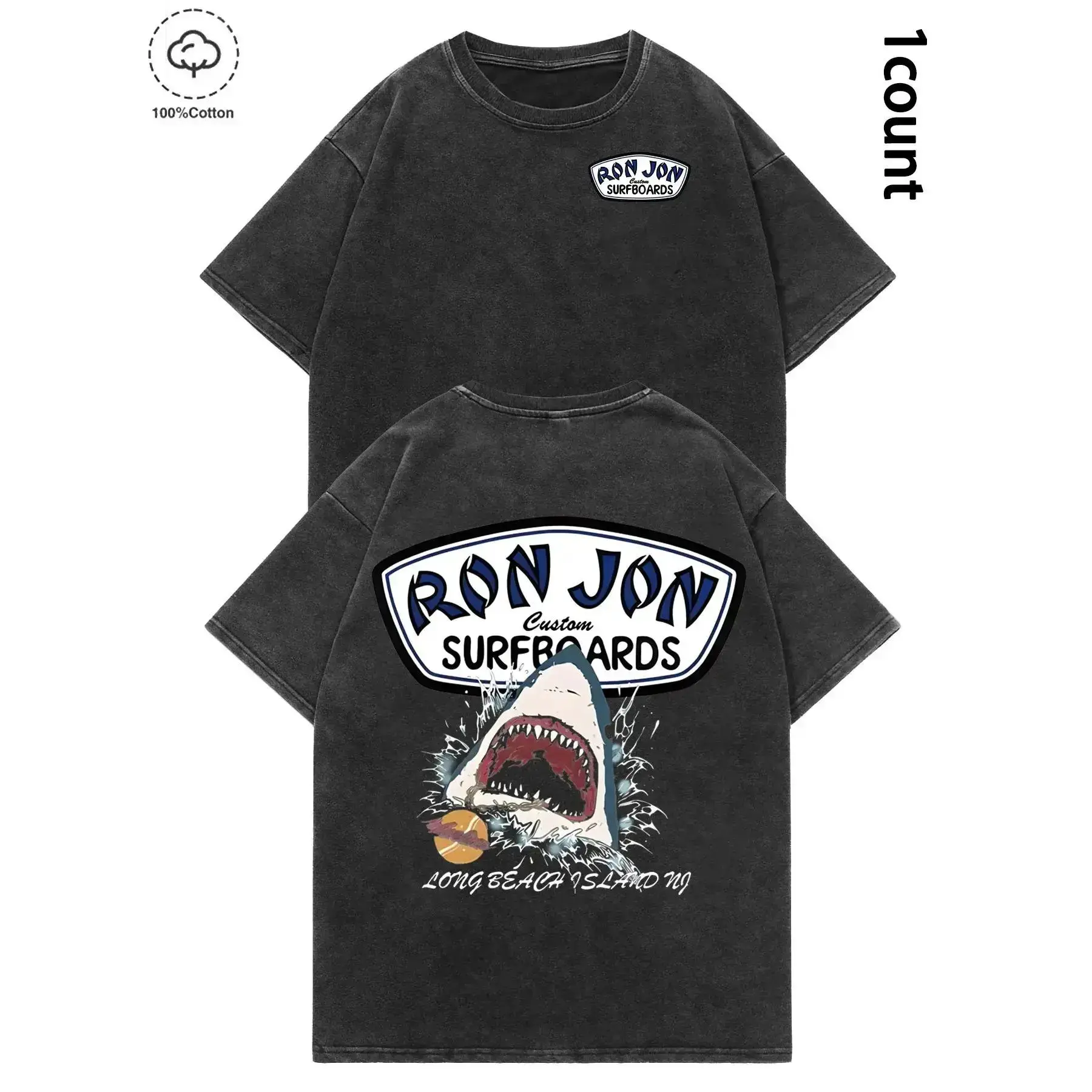 Unisex Ron Jon Surfboards Shark Graphic T Shirt Vintage Washed Heavyweight Cotton Oversized Tee Long Beach Island NJ Great White Retro Surf Beach Aesthetic Grey Acid Wash Mineral Men Women Unisex Skater Coastal Grunge Trendy Summer Outfits Gifts TikTok