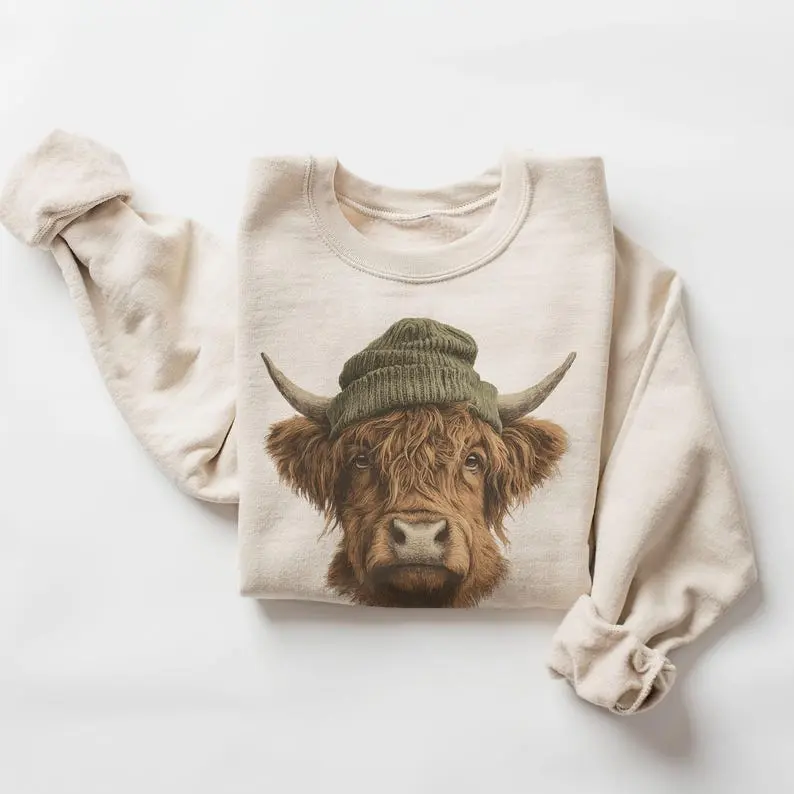 Women's Highland Cow Beanie-Print Casual Pullover Hoodie, Unisex Polyester Round Neck Sweatshirt #DICH