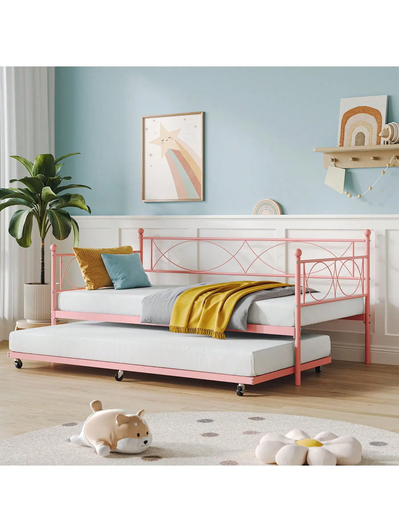 Sturdy Durable Twin Size Steel Modern Single Bed Frame with Pull-Out Trundle, 6-8 In Clearance, Assembly Required, Black/White/Pink for Bedroom, Living Room (Pull Out Bed), Sturdy Bed Frame, Daybed Frame