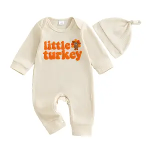 Newborn Baby Boy Girl Thanksgiving Outfit Little Turkey Embroidery Romper Waffle Knit Long Sleeve Jumpsuit Bodysuit Outfit with Hat