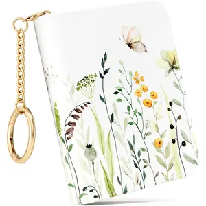 Women's Small Leather Credit Card Holder Wallet - Leather Material Card Organizer Case with Zipper, Keychain, Weeds,summerwins
