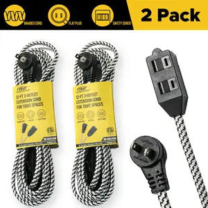 CRST 2-Pack 12ft Extension Cord with Flat Plug, Braided Long Power Cord with Safety Cover, 3-Outlets Power Strip Cord, 16AWG, 1625W, ETL Listed