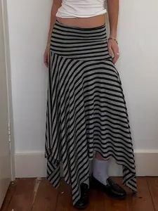 Women's Street Fashion Skirt Street Style Loose-Fit Knitted Long, Colorblock Striped Design, All-Season Woven Fabric, Casual College Aesthetic