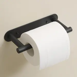 BESy Adhesive or Screw Toilet Paper Holder Wall Mount Rustproof Modern Roll Holder Flexible Pivoting Adjustable Tissue Handle with Self Adhesive or Mounted with Screws Stainless Steel Matte Black