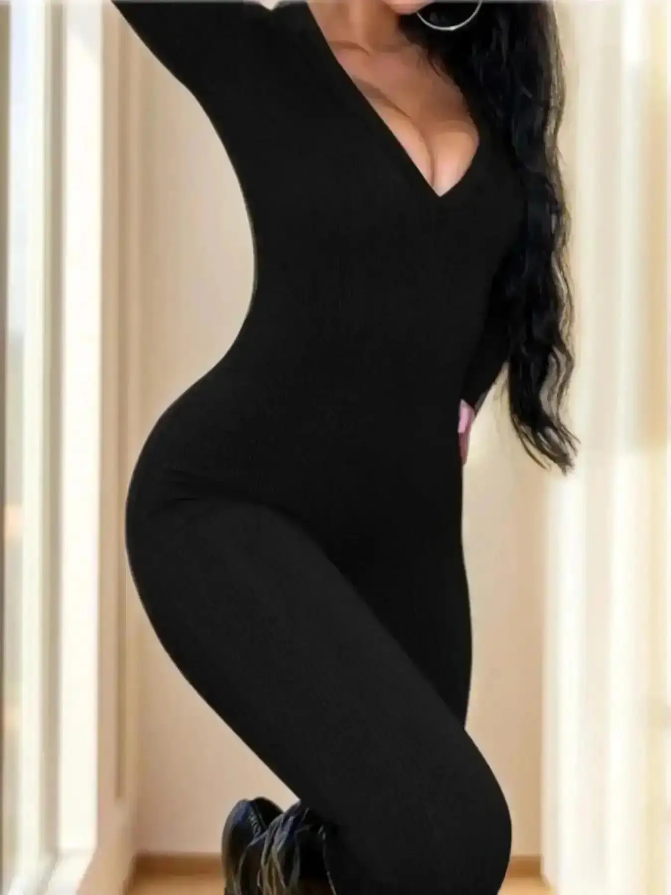 Chic Casual Bodysuit, Slim-Fitting Plain Style Yoga and Valentine's Day, Trendy Spring & Fall, athletic top, leotard, high waist leggings, satin bodysuit, 2026 Sexy Low-Cut Long Sleeve Bodysuit, Flexible, Stretchy