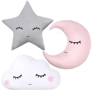 Chunful 3 Pcs Moon Star Cloud Plush Pillows Soft Stuffed Nursery Decor Cushions for Bedroom Home Decor(Pink Gray White)