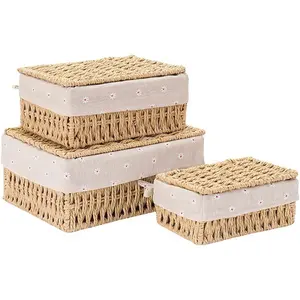 Small Wicker Baskets with Lid & Liner Set of 3, Paper Rope Woven Storage Basket, Rectangular Decorative Boxes Container Bins for Shelves Table Desktop Snacks Gifts Makeup Organizer