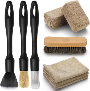 Pack of 9 Car Interior Detailing Set, Microfiber Cloth & Applicator, Single-Head Detailing Brushes, Natural Bristles, Scratch-Free & Ultra-Soft for Seats Leather Care or Cleaning ﻿
