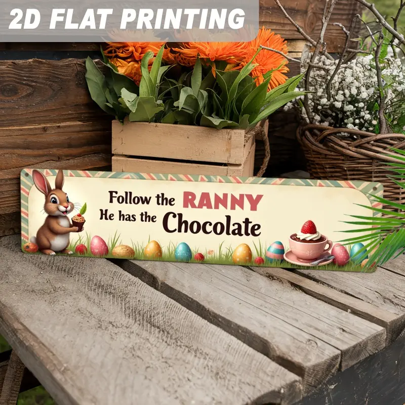 Vintage Iron Rectangular Wall Plaque - "Follow the Bunny He Has the Chocolate", 4x16in Easter Metal Sign, Indoor Home & Kitchen Holiday Decor, No Outdoor Use, Indoors