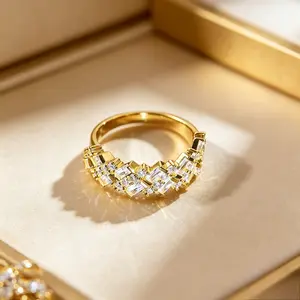 Luxury Statement Promise Ring, Golden-Tone Baguette-Cut Band with Intricate Design, Elegant Bridal Jewelry for Weddings, Engagements, Parties & Everyday Wear