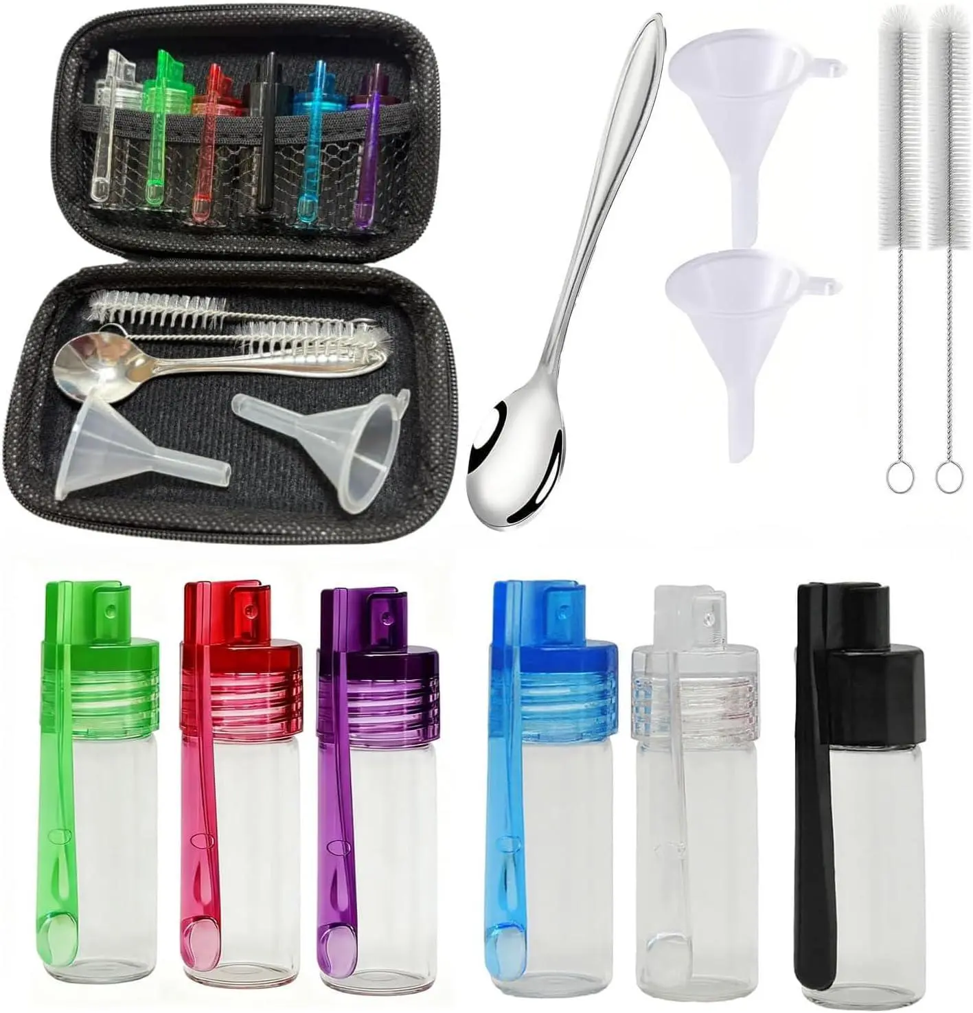 1Set Glass Travel Spice Containers with Spoon, Leakproof Airtight Seasoning Kit with Storage Box, Funnels, Brushes, Portable for Kitchen, Pepper Storage, Indoor Cooking, Camping, Picnic (Colorful), Sturdy