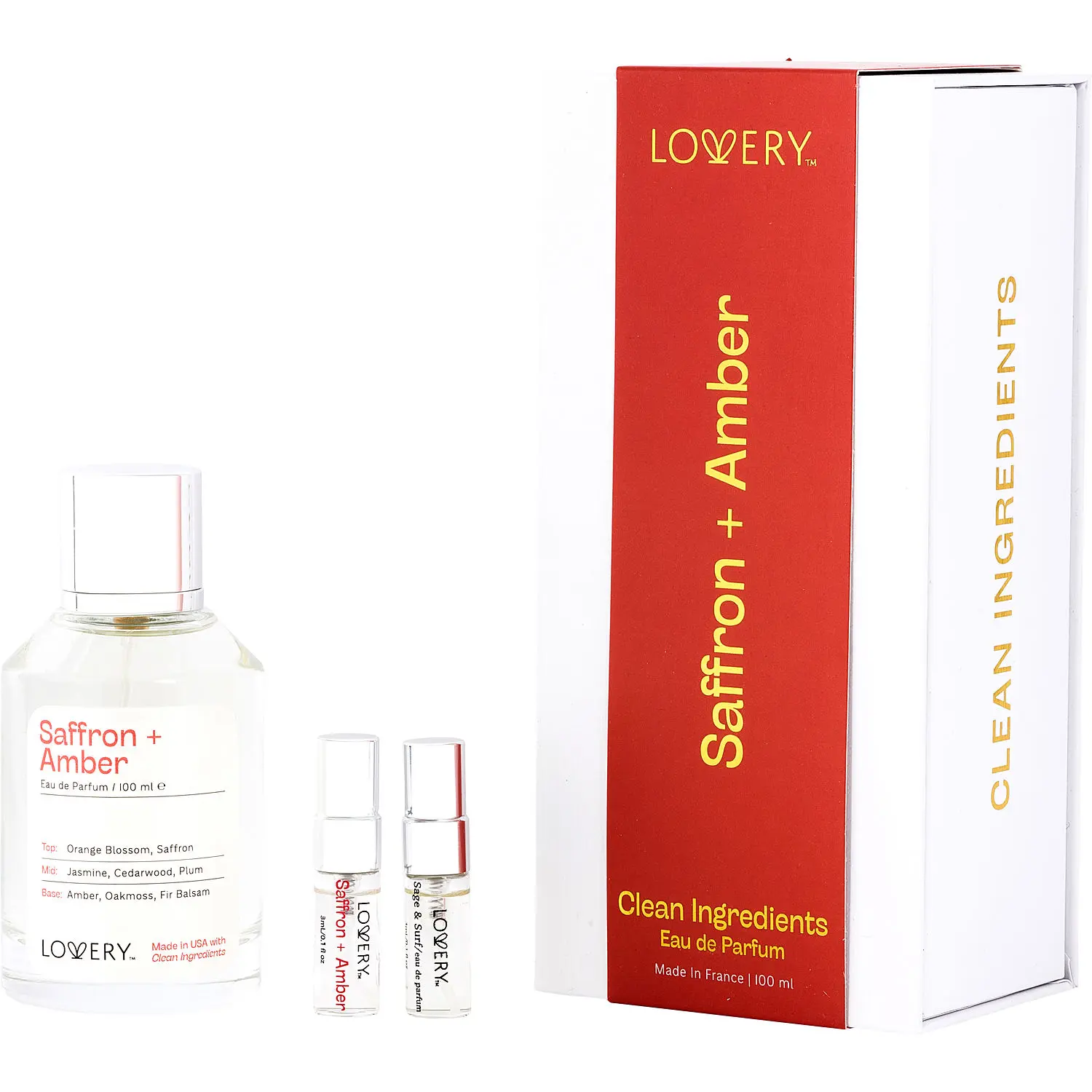 Lovery Saffron + Amber Set-Eau De Parfum Spray 3.38 Oz & Eau De Parfum Spray 0.33 Oz Mini & Sage + Amber Eau De Parfum Spray 0.33 Oz Mini For Unisex