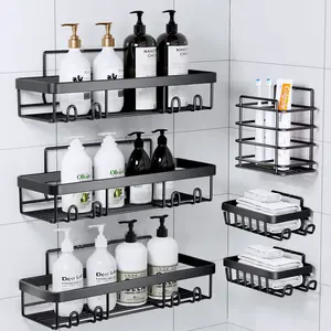 PHANCIR NEW 6 PCS Shower Caddy, No Drilling BathroomOrganizer with Soap Holder, Adhesive Bathroom Caddy,Black Installation Square Transparent Stainless