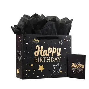 1PC  elegant black "Happy Birthday" gift bag with Gold Star design, includes tissue paper and greeting card - ideal for male and female birthday celebrations, medium, birthday ornament, Party Gift