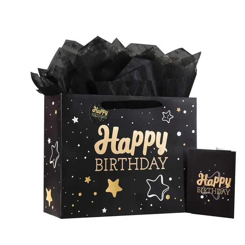 1PC  elegant black "Happy Birthday" gift bag with Gold Star design, includes tissue paper and greeting card - ideal for male and female birthday celebrations, medium, birthday ornament, Party Gift