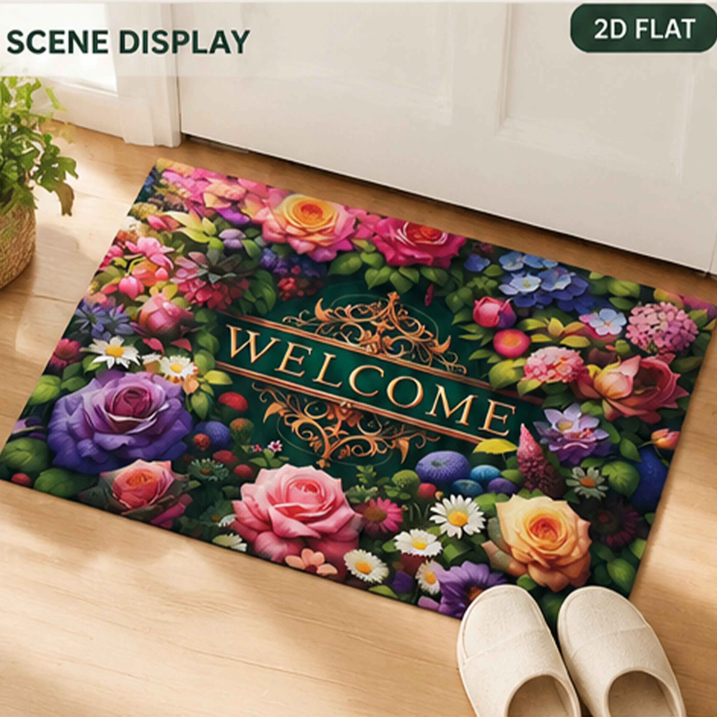 2D Flat Pattern Modern Floral Mix Welcome Doormat - Rectangle Home Bath Supplies, Garden Decor, Durable Water-Absorbent Mat for Outdoors Doorways, Ideal Festival RV Camping Gift