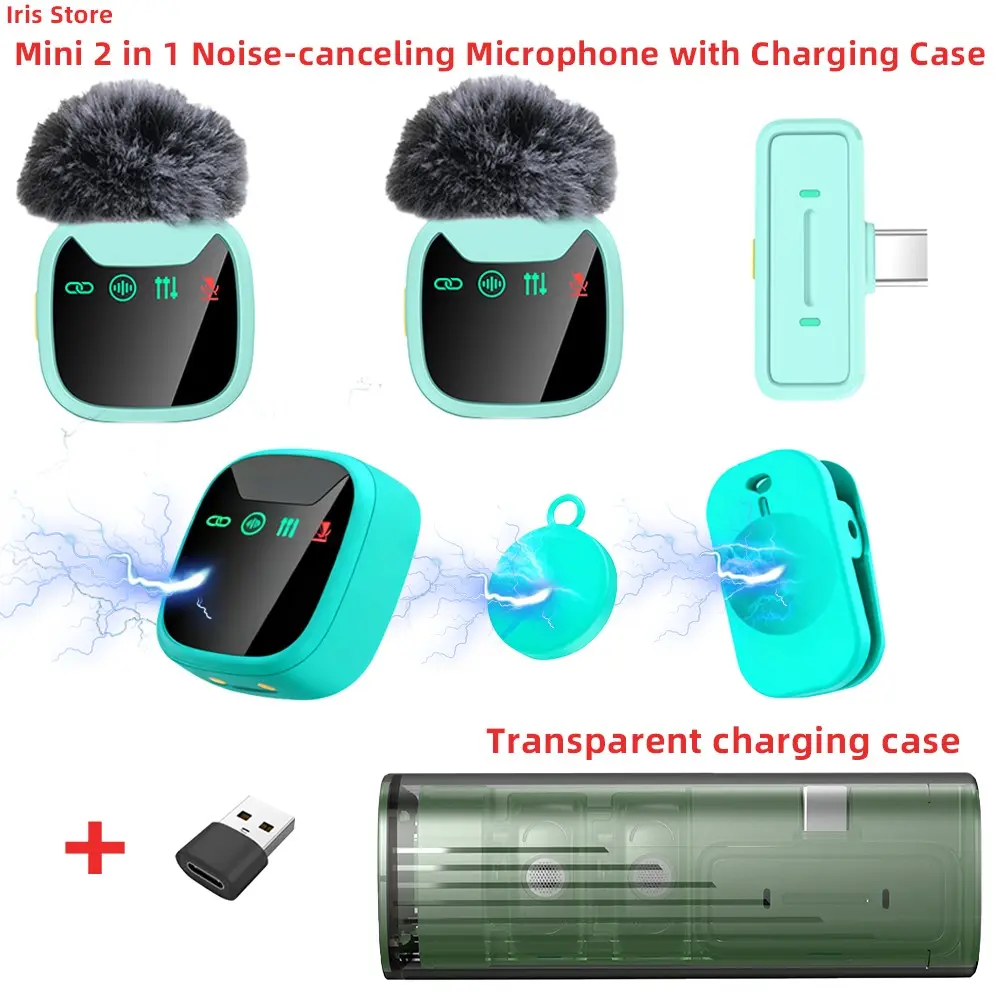 Purple Plug Lavalier Microphone Lapel Mic Wireless Portable With Charging Case USB LED Display Noise Cancellation For Smartphone Interview Podcast Vlog Recording