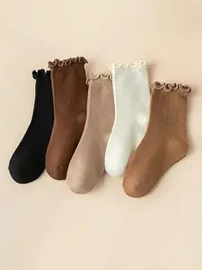5 Pairs Kids Crew Socks, Plain Color Lace Princess Socks, All Season, Comfortable, Wearable, Soft Skin-Friendly, Daily, Travel, Sports