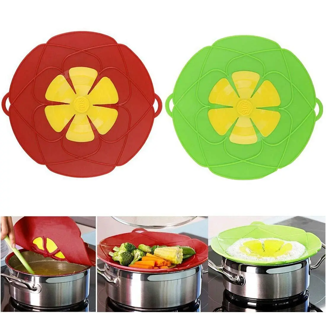 2Pcs Spill Stopper Lid Cover Boil Over Safeguard 10.2 inch Silicone Spill Stopper Pot Pan Lid Multi-Function Cooking Tool Kitchen Gadgets for Cooking Cover Parents Friends Green& Red