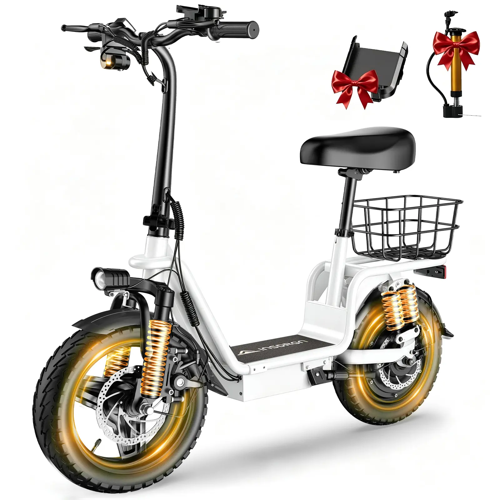 INSDRGN C14 Pro Electric Scooter Adults, 1300W Peak Motor, 48V 13Ah Removable Battery, 35 Miles Range, 20MPH Top Speed, 330LBS Load, Foldable Escooter with Seat, Rear Box/Basket for Pets and Cargo, Dual Disc Brake & LED Front Light for Urban Commuting