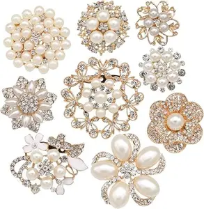 9Pcs Rose Gold-Tone Rhinestone brooches, Big Pearl Crystal Wedding Bouquet kit Set - Home Improvement.