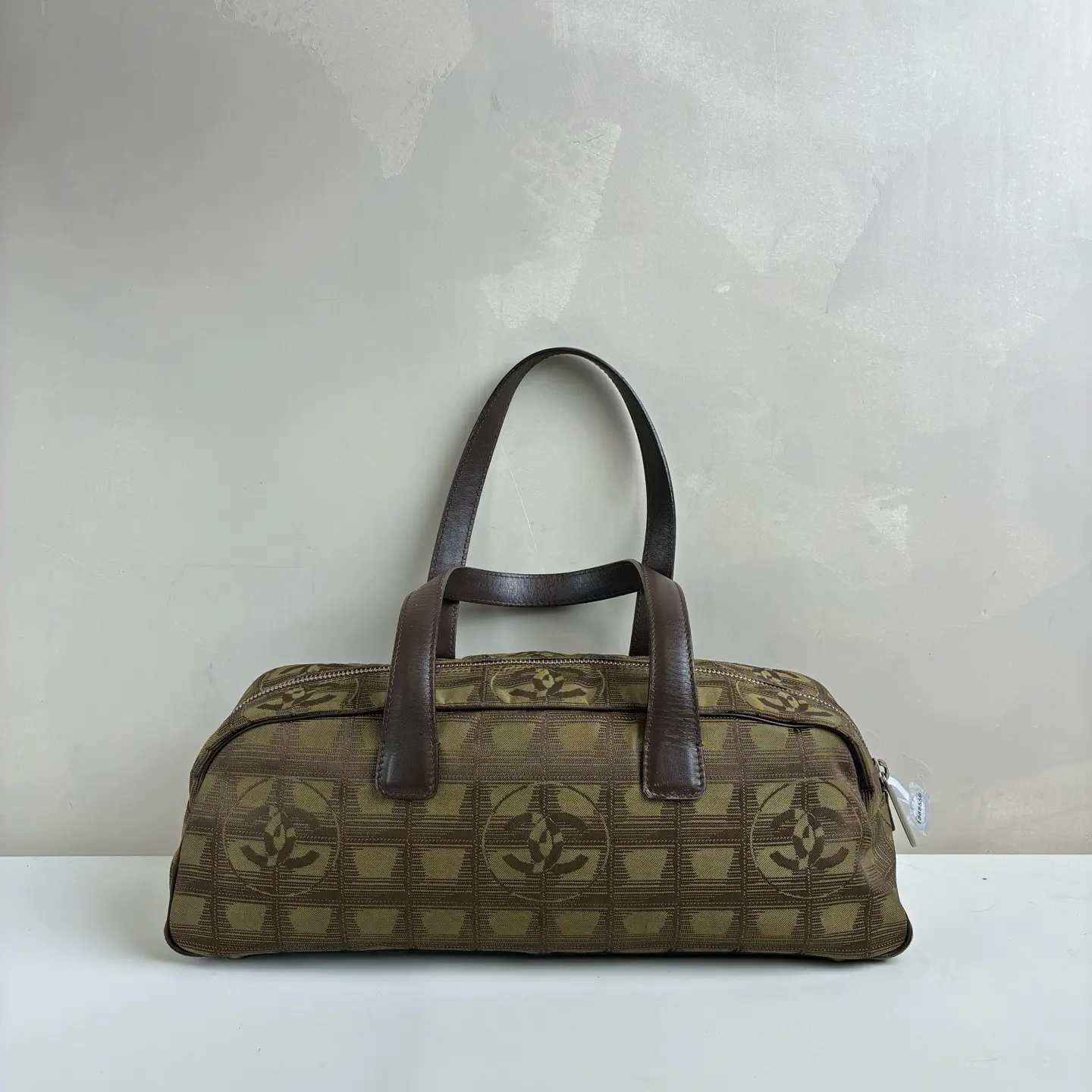 Pre-owned CHANEL Green Brown Nylon CC Logo Travel Line Satchel Shoulder Bag, Travel Bag with Zip, 35x12x10 Dimensions