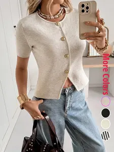 Women's Casual Round Neck Knit Knitting Fitted Short Top with Buttons, Knitwear for Spring and Summer, Womenswear