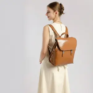 1pc Cowhide Leather Handheld Backpack, Stylish Minimalist Spacious Bag, Office Commuter Bag, Vintage Travel Rucksack, Neutral Style.
