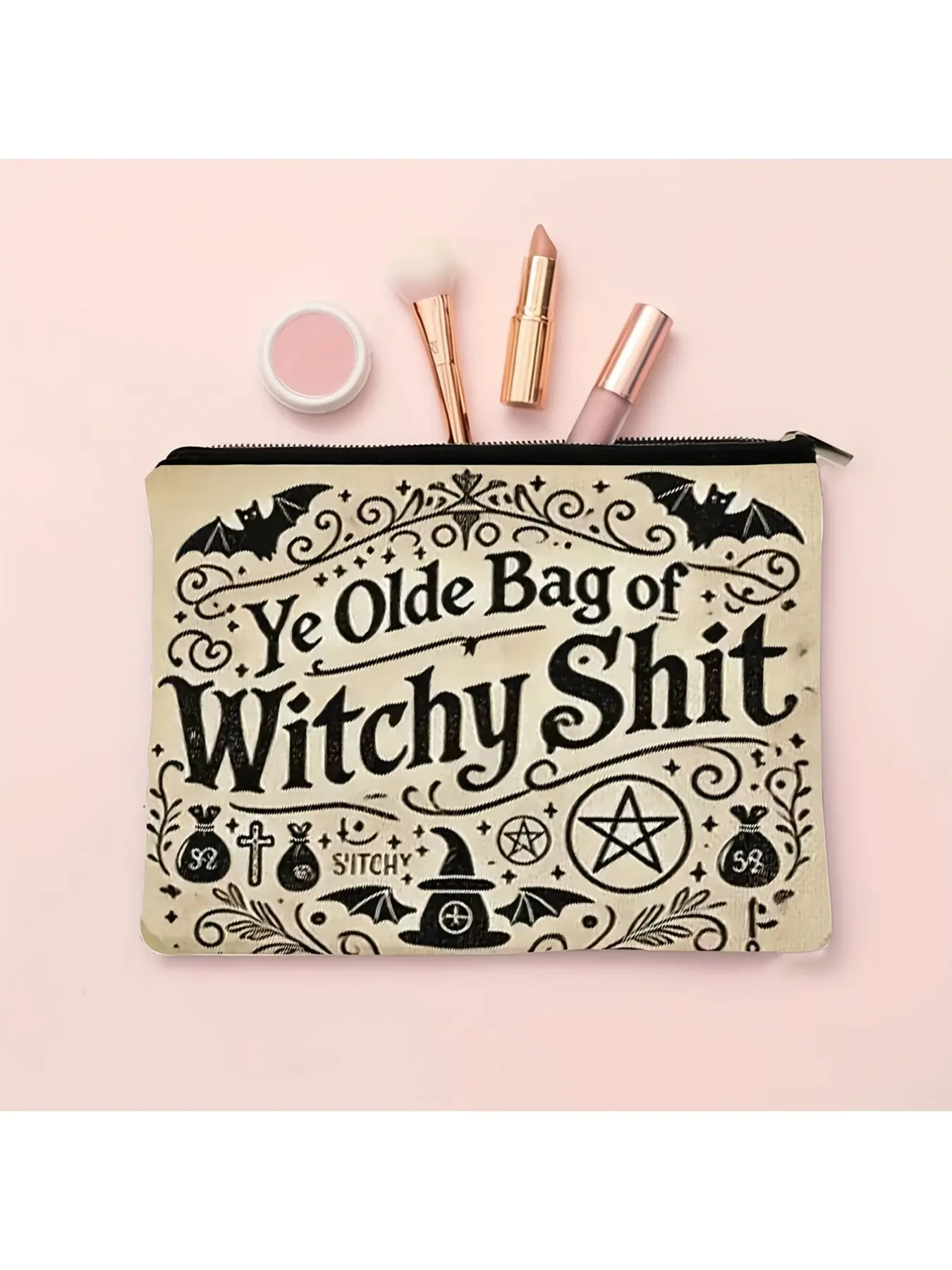 Mystical Witchy Makeup Bag, Cosmetics Bag - Lightweight Zippered Cosmetic Pouch with Double-Sided Witch-Themed Print, Crescent Moon & Stars Design, Ideal Travel Toiletry Bag & Coin Purse, Gift for Her on Birthdays, Christmas, Valentine's