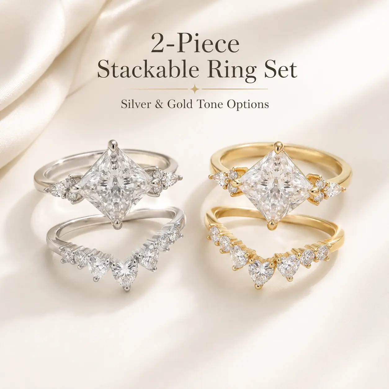 Square Cut Bridal Ring Set for Women, Thick Gold Plated Engagement Wedding Ring with Matching Band, Luxury Ice-Cut Sparkling Promise Ring Set, Cubic Zirconia