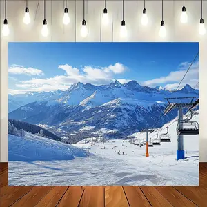 1pc 2D Flat Alpine Ski Resort Photo Backdrop - Snow-Capped Mountains, Ski Lift, Skiers Scene - Heavy-Duty Polyester Fabric - Winter Wonderland Banners for Studio, Birthday Party Decor, Heavy-Duty Fabric