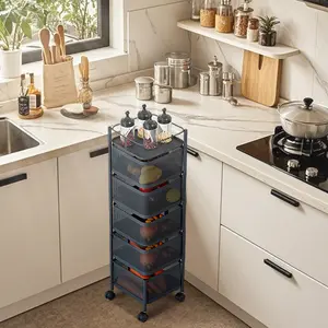 5-Tier Rotating Fruit and Vegetable Basket, Large Capacity Metal Storage Organizer, Sturdy Breathable Wire Kitchen Rack with Wheels, 1pc
