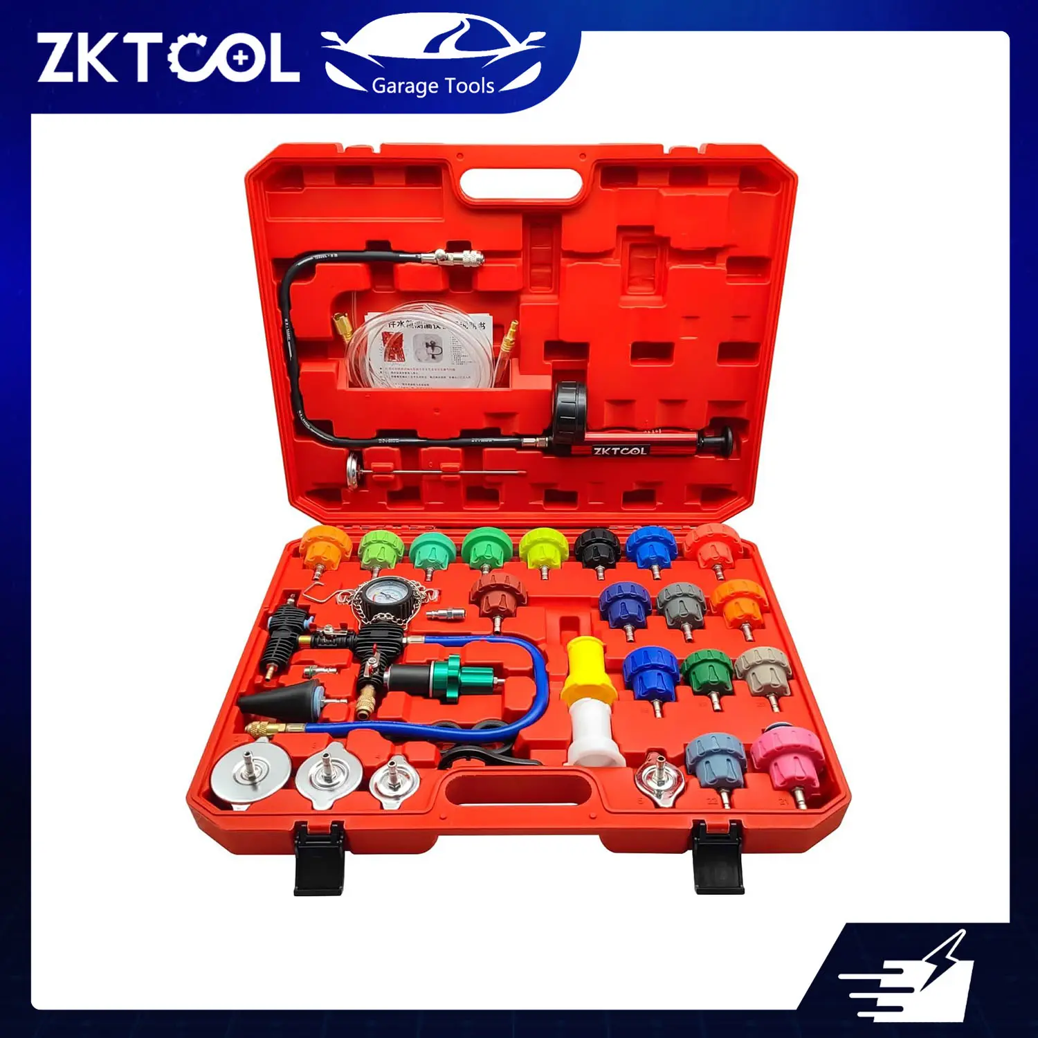 ZKTOOL 34-Piece Universal Radiator Pressure Tester Kit - Car, Truck Automotive Diagnostic Tool for Cooling System Leak Test, Vacuum Refill, Repair Maintenance