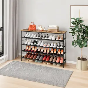 5 Tier Shoe Rack Organizer Long Metal Organizer Shelf with Industrial MDF Board and Layer Fabric for Entryway Closet Bedroom Living Room Garage